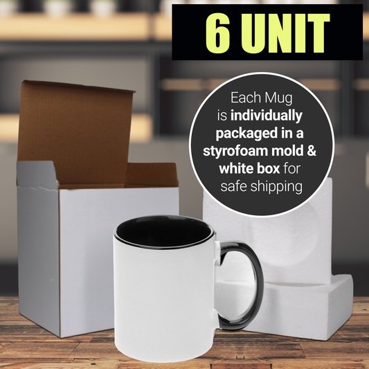 6 PACK-11 once White sublimation mugs inner color  BLACK and handle with reinforced foam box packaging