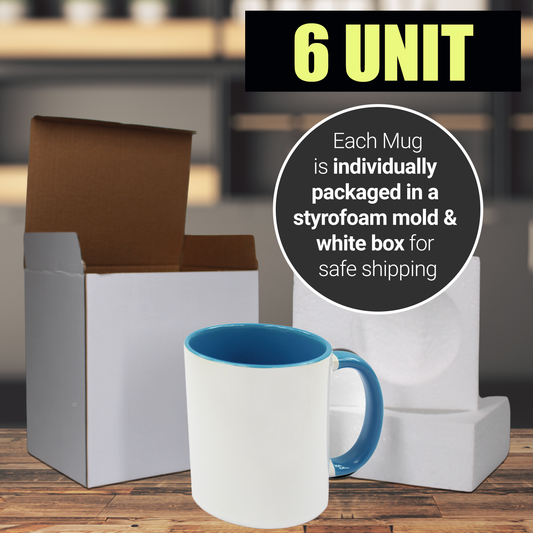 6 Pack-11 once White sublimation mugs inner color BLUE  and handle with reinforced foam box packaging