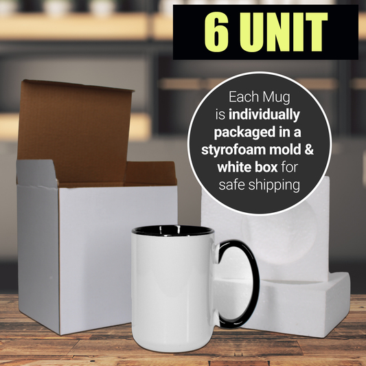 6 Pack-15 once White sublimation mugs inner color BLACK  and handle with reinforced foam box packaging
