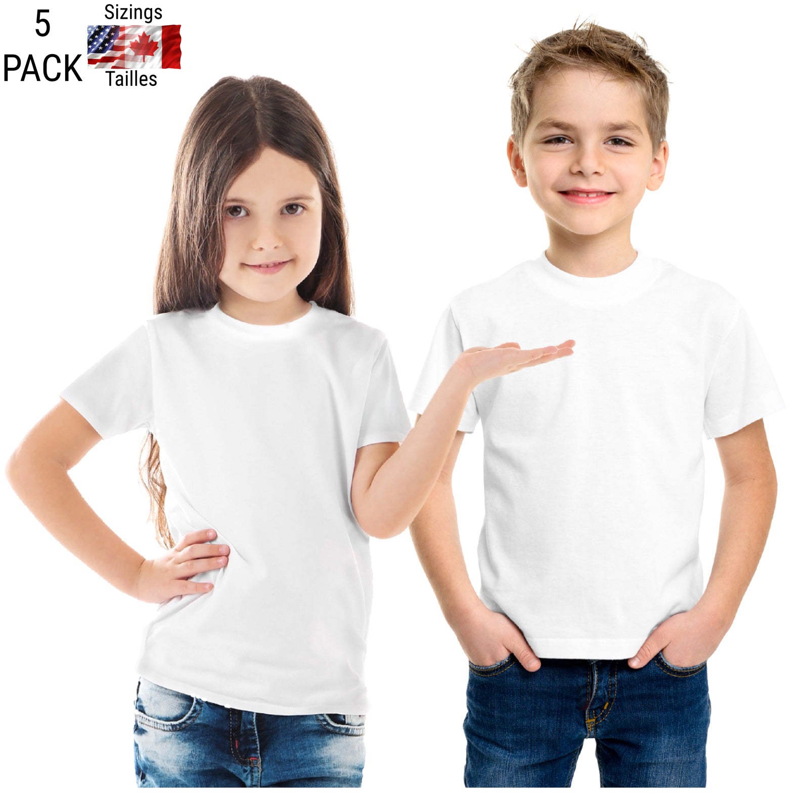 5-pack of white sublimation T-shirts for kids in assorted sizes