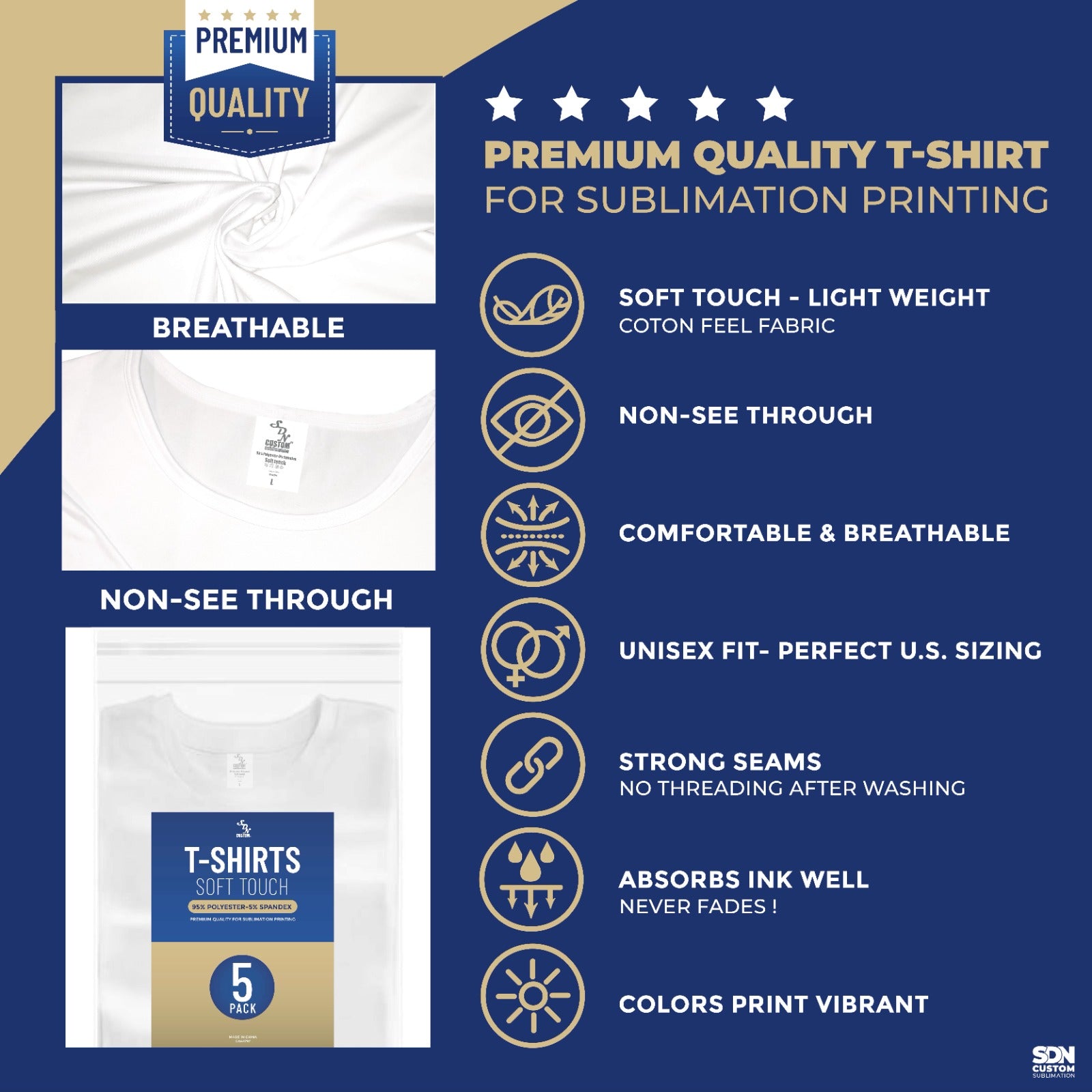 SDN Sublimation kids white sublimation tshirts 5 pack