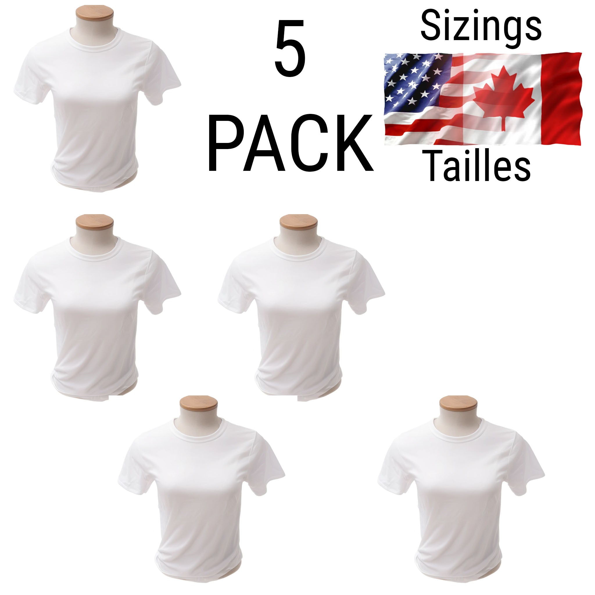 5-pack of plain white T-shirts for sublimation printing, assorted adult sizes