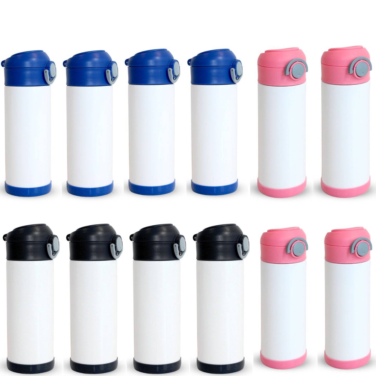12 pack Kids Mix Sublimation Water Bottle, 350ml (12oz) 4 Black 4 blue 4 pink Lid