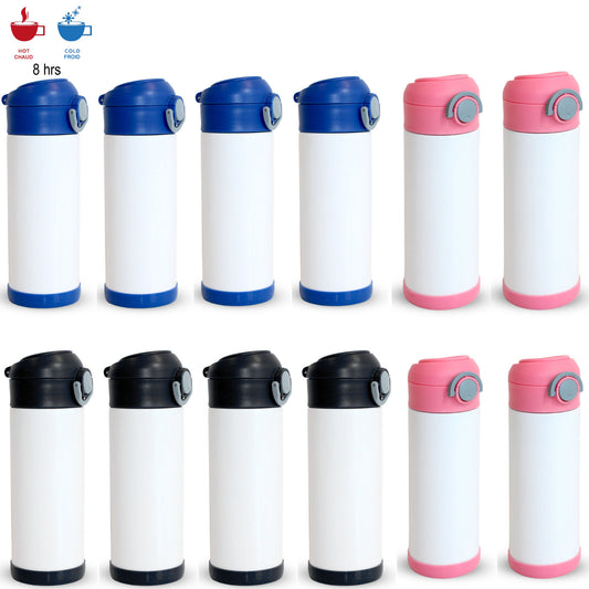12 PACK-   Kids Mix Sublimation Water Bottle, 350ml (12oz) 4 Black 4 blue 4 pink Lid