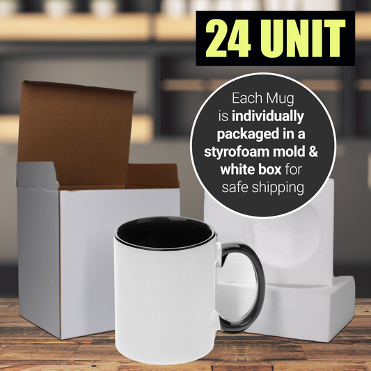 24 Pack-11 tasses à sublimation blanches, couleur intérieure NOIR et poignée avec emballage en boîte en mousse renforcée
