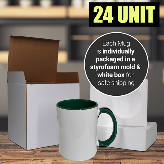 Lot de 24 tasses à sublimation blanches, couleur intérieure VERTE et poignée avec emballage en boîte en mousse renforcée, 11 fois