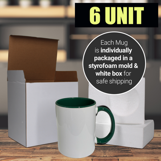 6 Pack-11 once White sublimation mugs inner color GREEN   and handle with reinforced foam box packaging