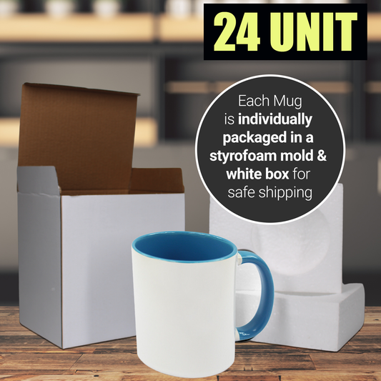 24 Pack-11 une fois tasses à sublimation blanches couleur intérieure BLEU et poignée avec emballage en boîte en mousse renforcée