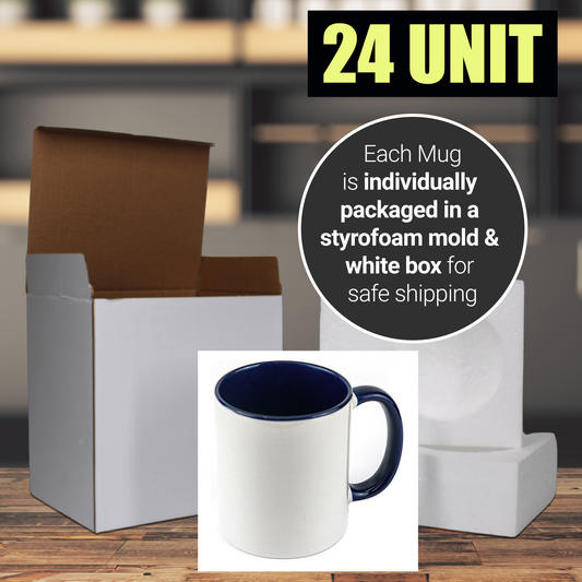 24 Pack-11 une fois tasses à sublimation blanches couleur intérieure marine et poignée avec emballage en boîte en mousse renforcée