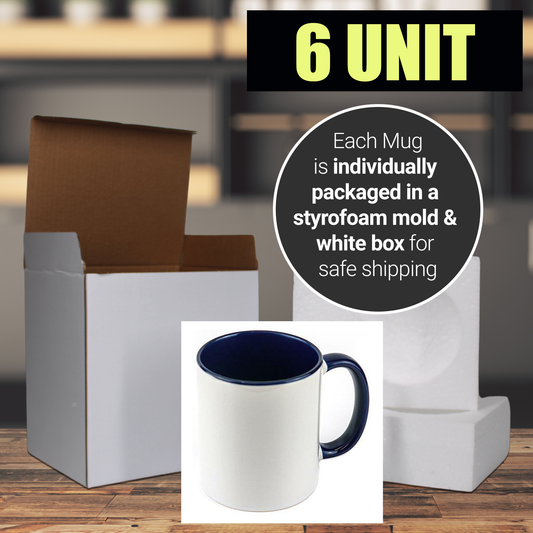 Pack de 6-11 tasses à sublimation blanches, couleur intérieure MARINE et poignée avec emballage en boîte en mousse renforcée