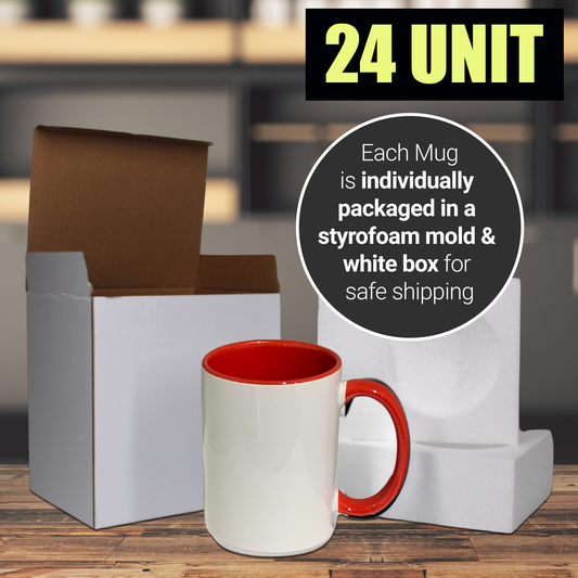 Lot de 24 tasses à sublimation blanches, couleur intérieure rouge et poignée, emballage en boîte en mousse renforcée, 11 fois