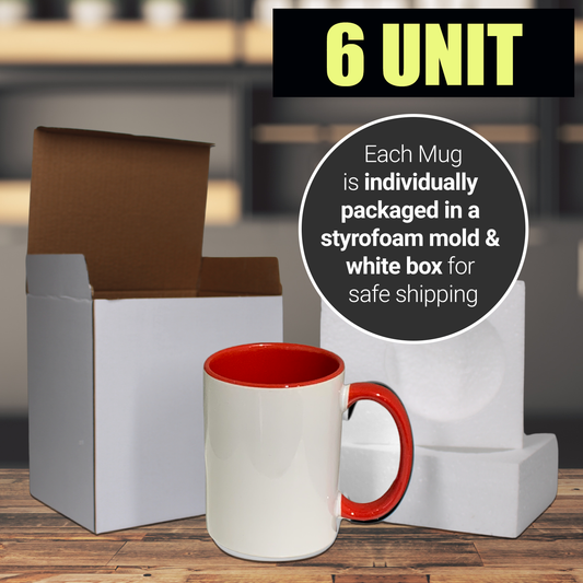 Lot de 6 tasses à sublimation blanches, couleur intérieure rouge et poignée, emballage en boîte en mousse renforcée, 11 fois