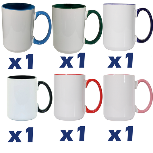 15 mugs à sublimation blanc une fois couleur intérieure et poignée avec emballage en mousse renforcée (boîtes de 24 pièces) 6 de chaque couleur
