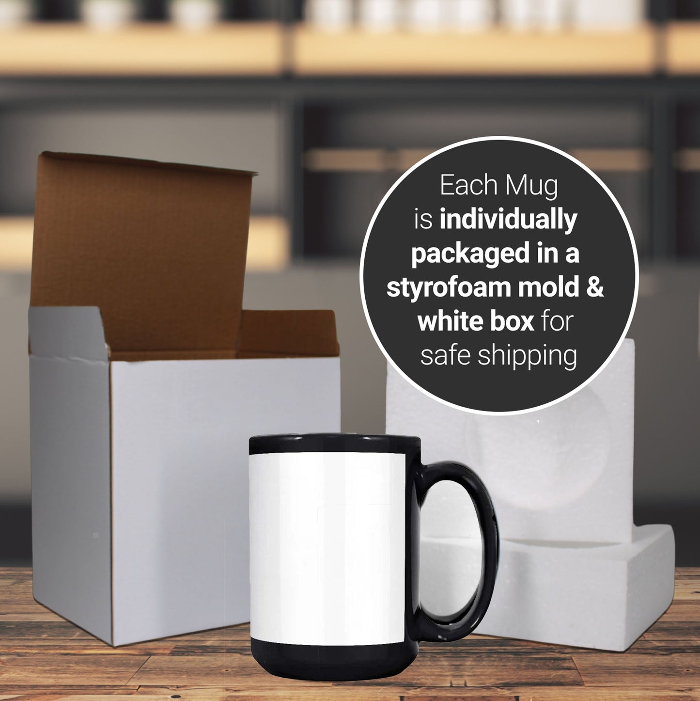 6 Pack -15 once black mugs with white strip with reinforced foam box packaging