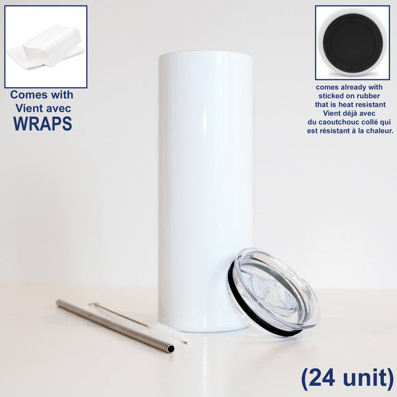 20oz Straight Skinny  Sublimation Tumbler-straight-stainless steel straw-cleaning brush-wraps-and sticked on bottom Rubber(BOXES OF 24)