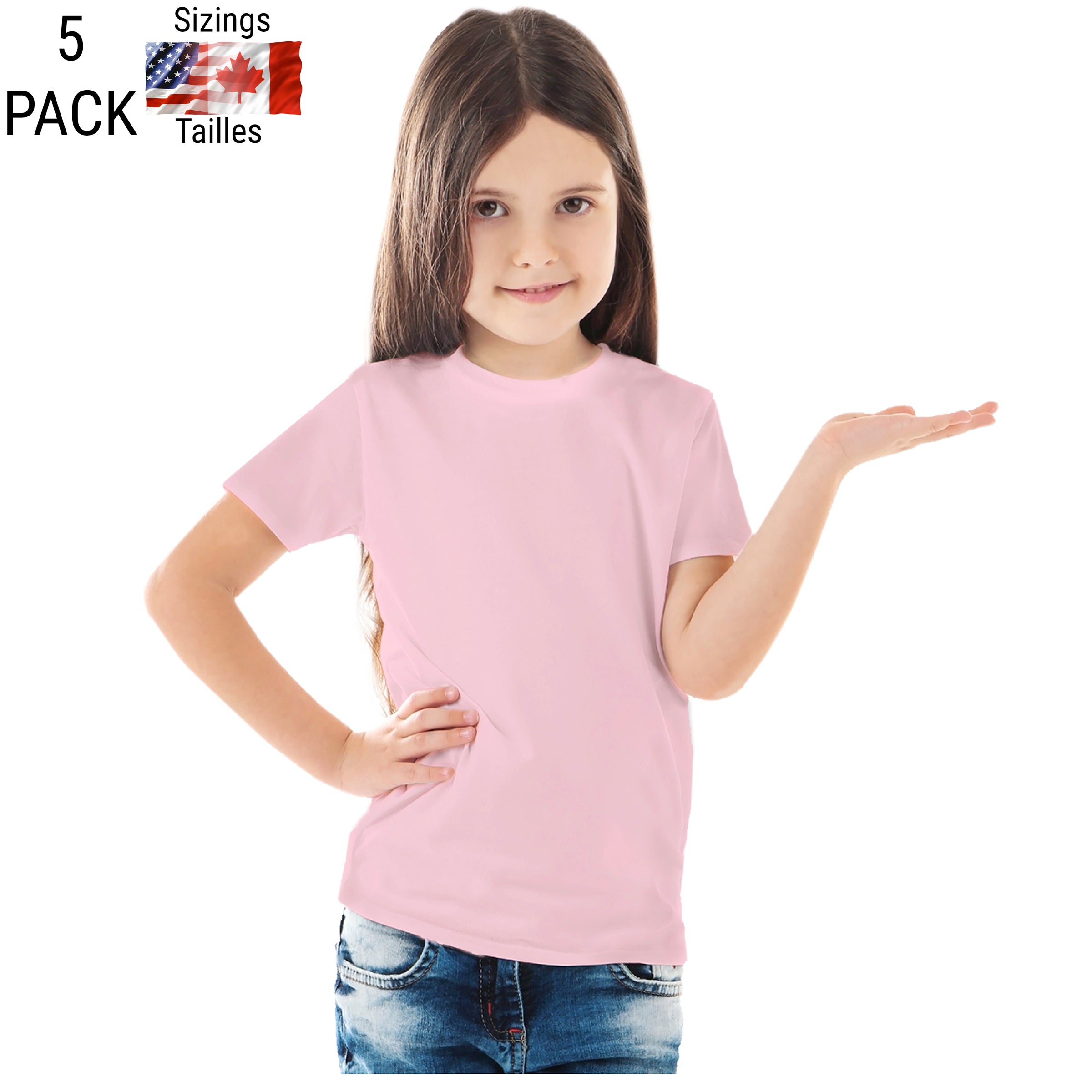 5-pack of pink sublimation T-shirts for kids in assorted sizes