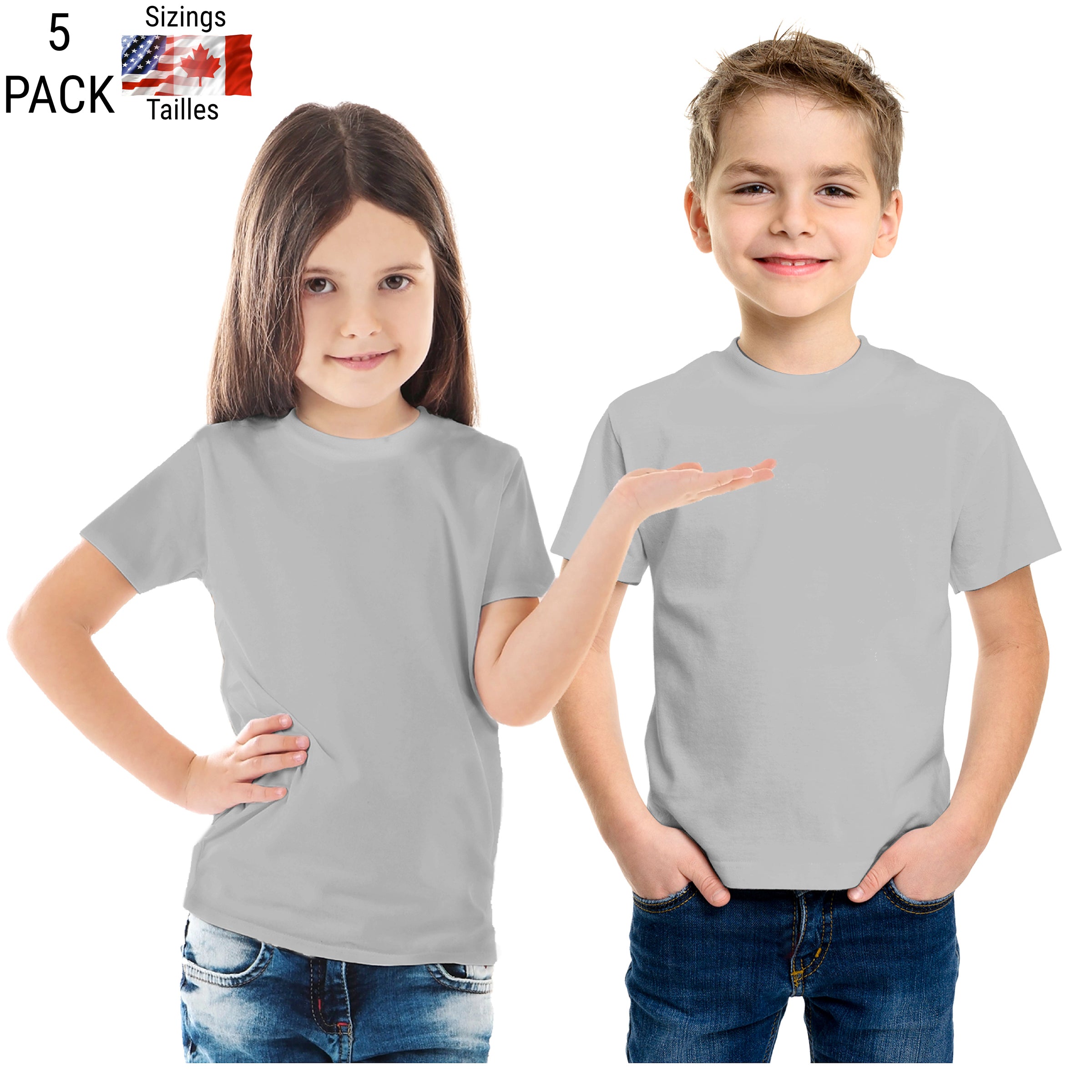 5-pack of grey sublimation T-shirts for kids in assorted sizes