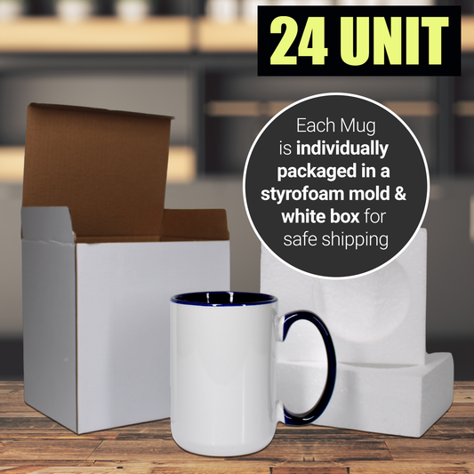 24 Pack-15 une fois Tasses à sublimation blanches couleur intérieure MARINE et poignée avec emballage en boîte en mousse renforcée
