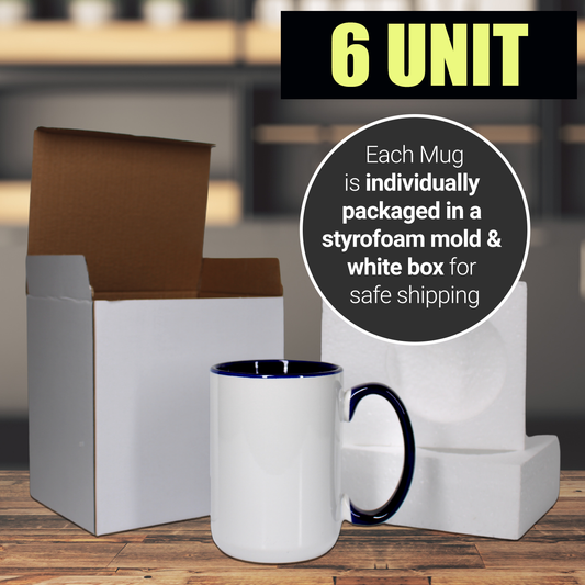 Paquet de 6-15 tasses à sublimation blanches, couleur intérieure marine et poignée avec emballage en boîte en mousse renforcée