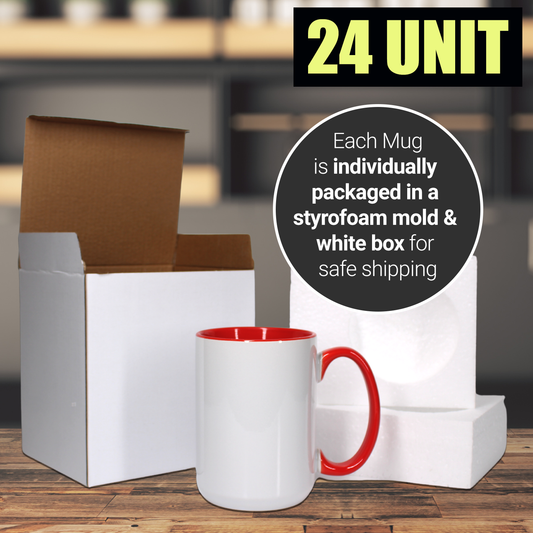 Paquet de 24-15 tasses à sublimation blanches, couleur intérieure rouge et poignée avec emballage en boîte en mousse renforcée