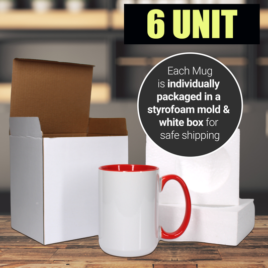 6 Pack-15 once White sublimation mugs inner color  RED and handle with reinforced foam box packaging