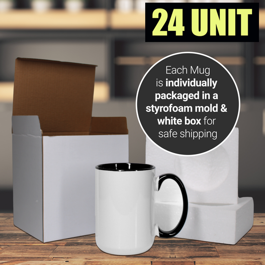 24 Pack-15 une fois tasses à sublimation blanches couleur intérieure NOIR et poignée avec emballage en boîte en mousse renforcée
