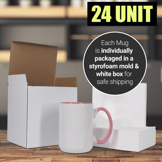 24 Pack-15 une fois Tasses à sublimation blanches couleur intérieure ROSE et poignée avec emballage en boîte en mousse renforcée