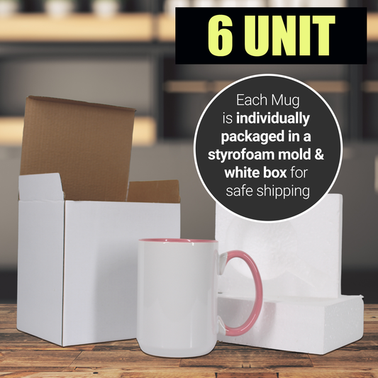 6 Pack-15 une fois tasses à sublimation blanches couleur intérieure ROSE et poignée avec emballage en boîte en mousse renforcée