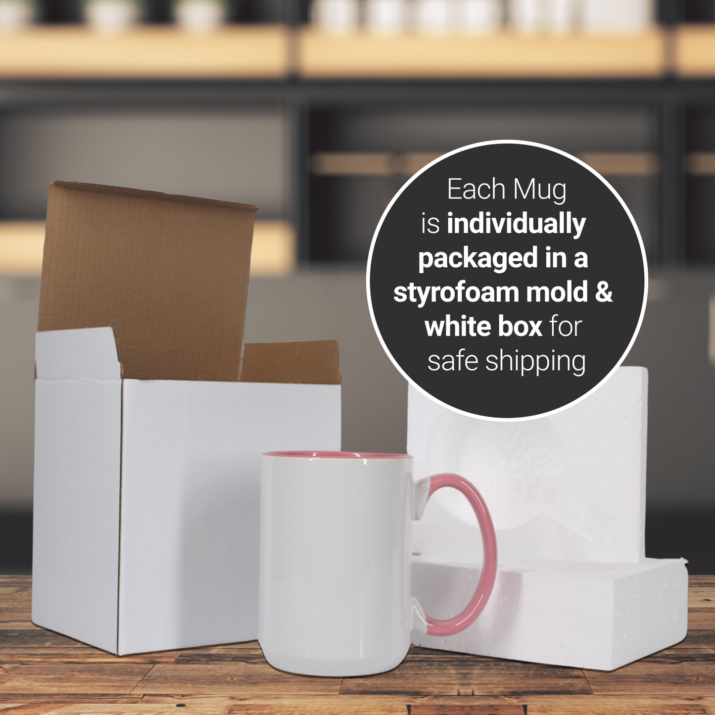 Paquet de 6-15 tasses à sublimation blanches, couleur intérieure marine et poignée avec emballage en boîte en mousse renforcée