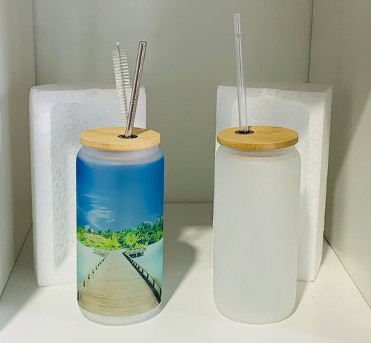 Paquet de 6 - Gobelet droit en verre dépoli de 16 OZ avec couvercle en bambou et paille en plastique et brosse en métal avec emballage renforcé