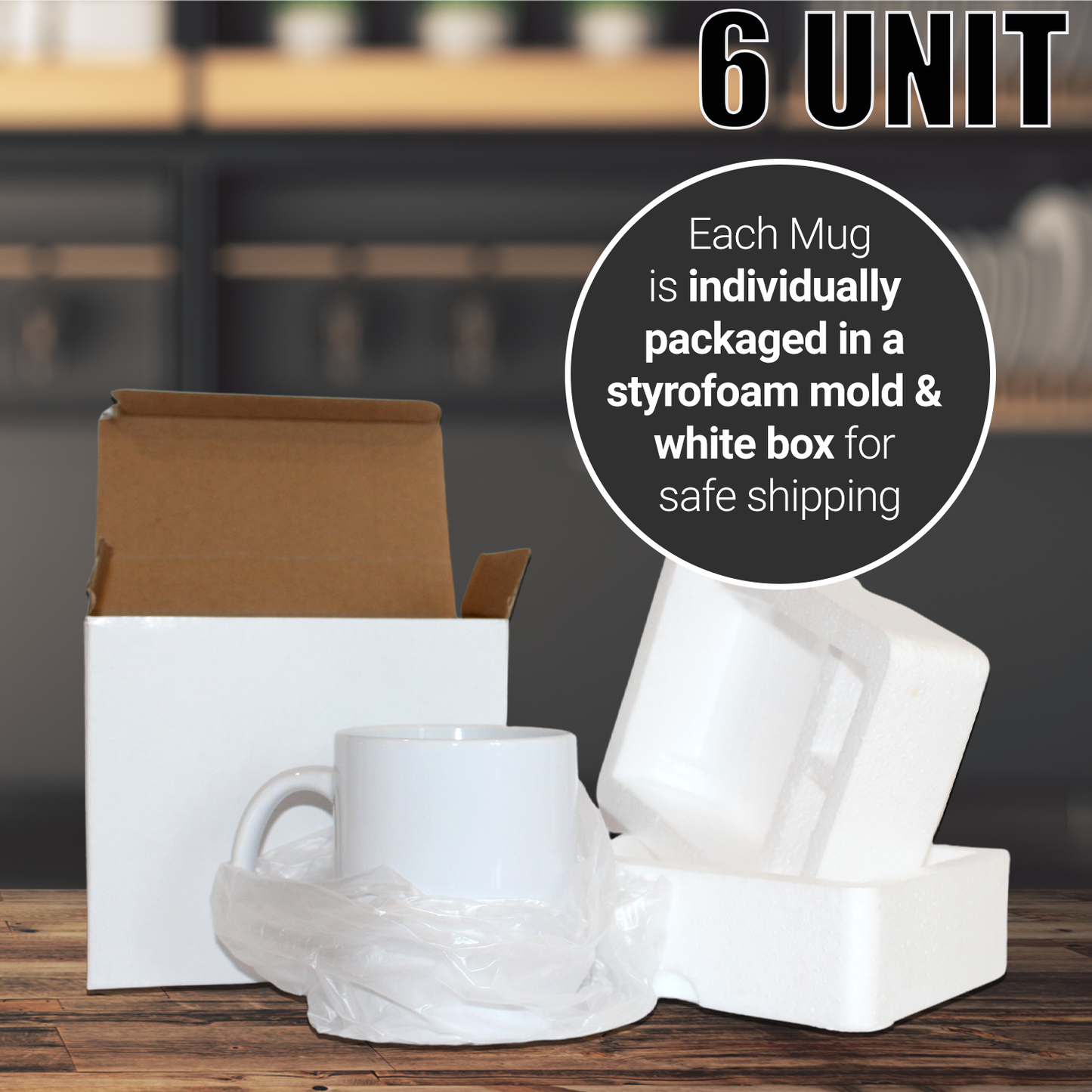 6 PACK -White 11 oz Sublimation Mugs with AAA Coating - Box of6 | Reinforced Styrofoam Packaging"