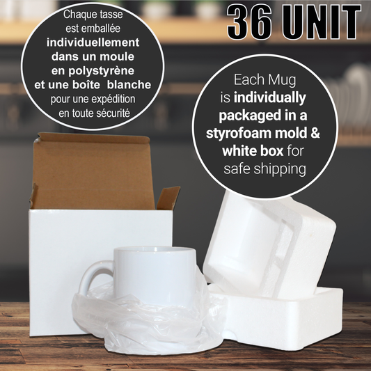 36 PACK-White 11 oz Sublimation Mugs with AAA Coating - | Reinforced Styrofoam Packaging"