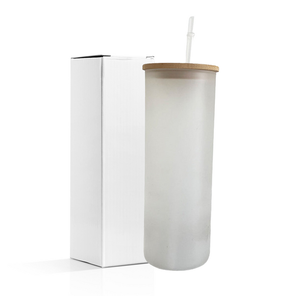 SDN SUBLIMATION Sublimation Blanks Glass Tumbler Skinny Straight Frosted 20 OZ with Bamboo Lid and Plastic Straw