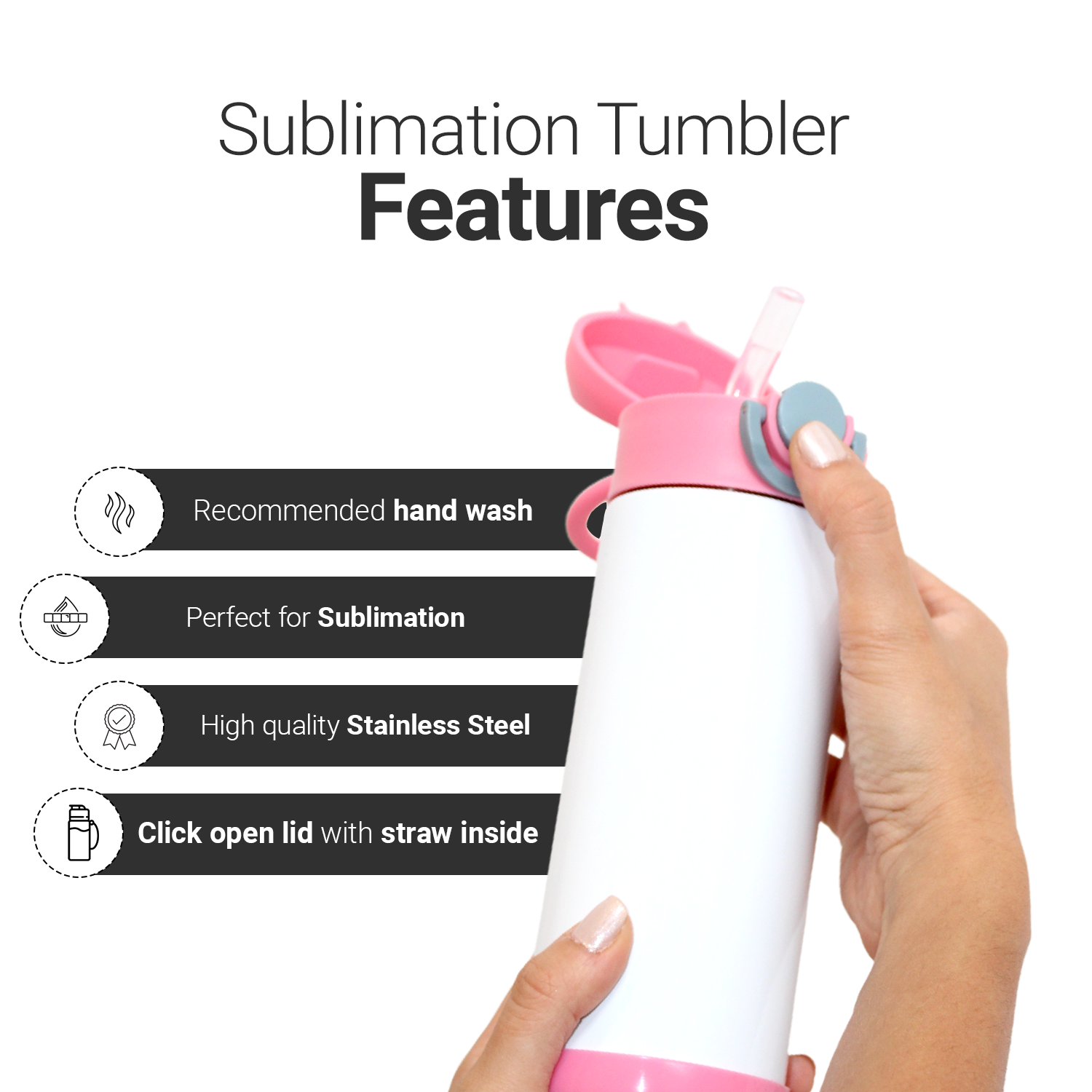 SDN SUBLIMATION Kids  Water Bottle, 350ml Pink lid