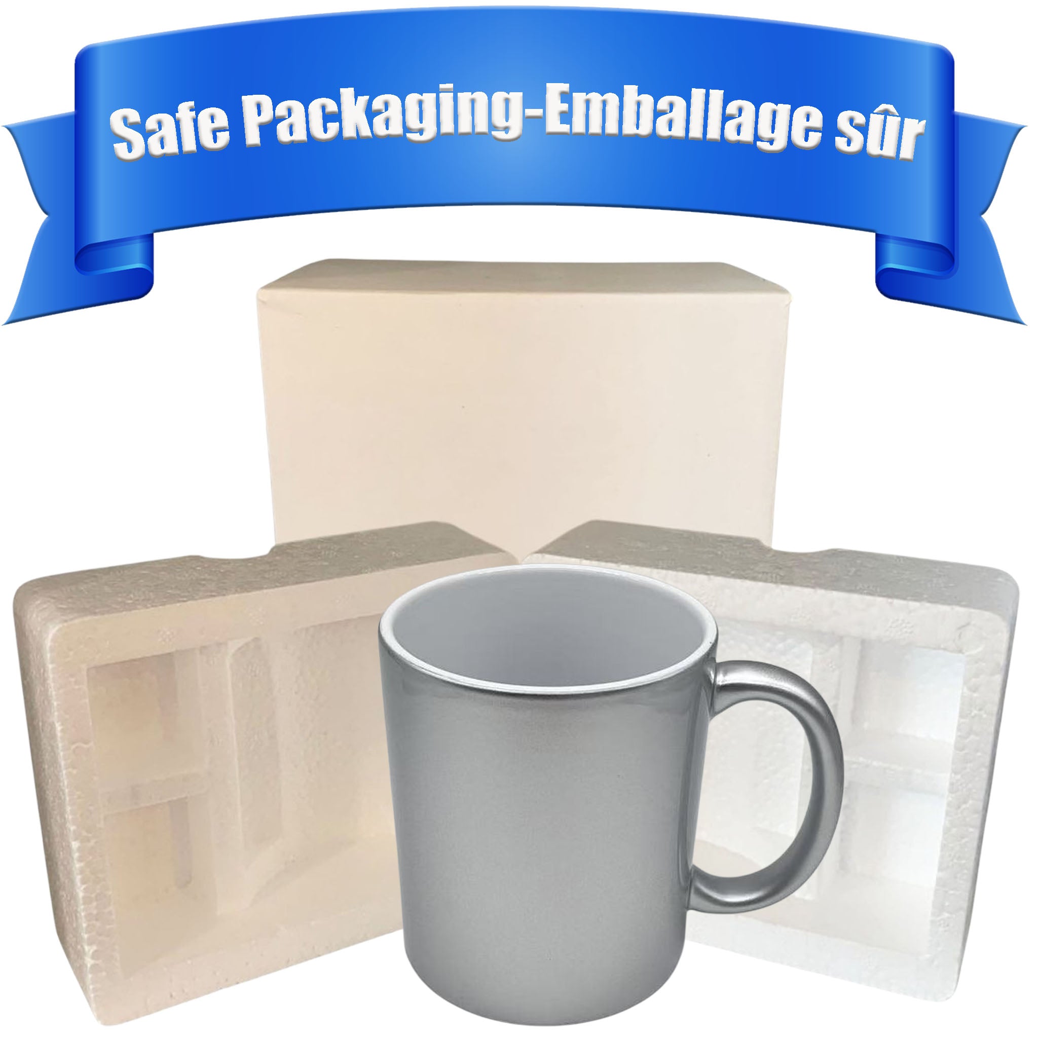 24-pack of 11 oz silver pearl finish sublimation mugs with reinforced foam box packaging for safe shipping