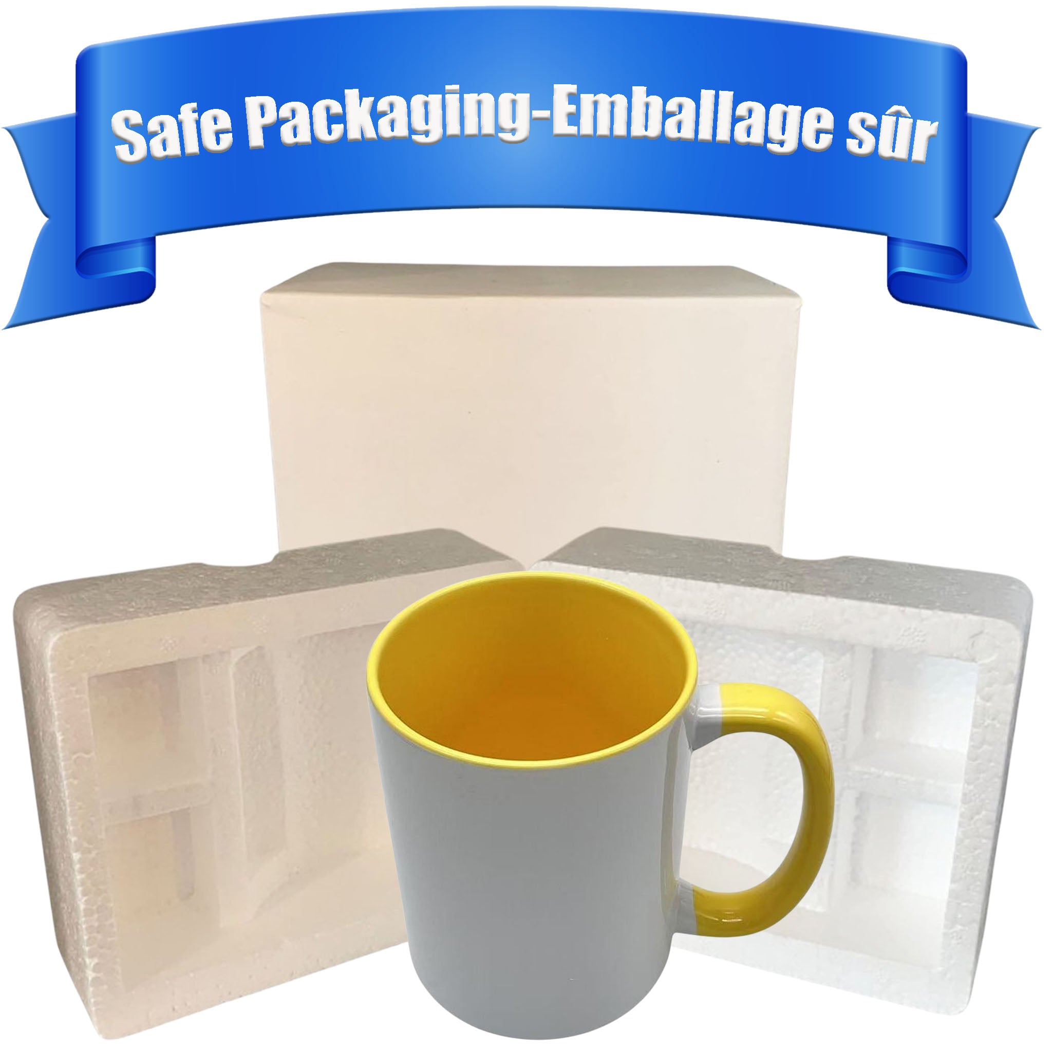 sdn 11 oz sublimation mug with yellow interior, ready for custom printing, safely packed for shipping
