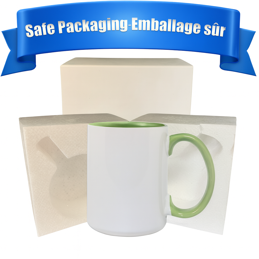 24 Pack-($2.70 Cost . unit)15 once White sublimation mugs inner color LT GREEN and handle with reinforced foam box packaging