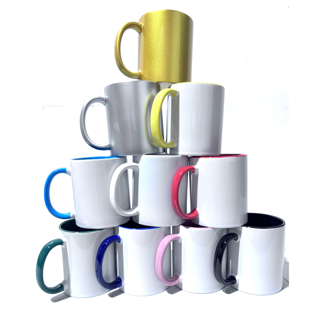 SDN 10-pack of 11 oz white sublimation mugs with assorted interior colors, blank and ready for custom printing."
