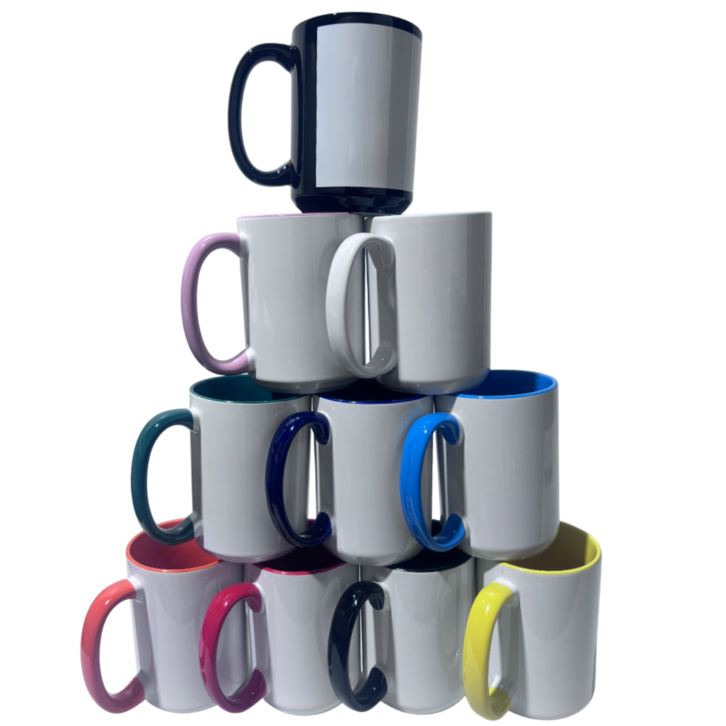 SDN 10-pack of 15 oz white sublimation mugs with assorted interior colors, blank and ready for custom printing."