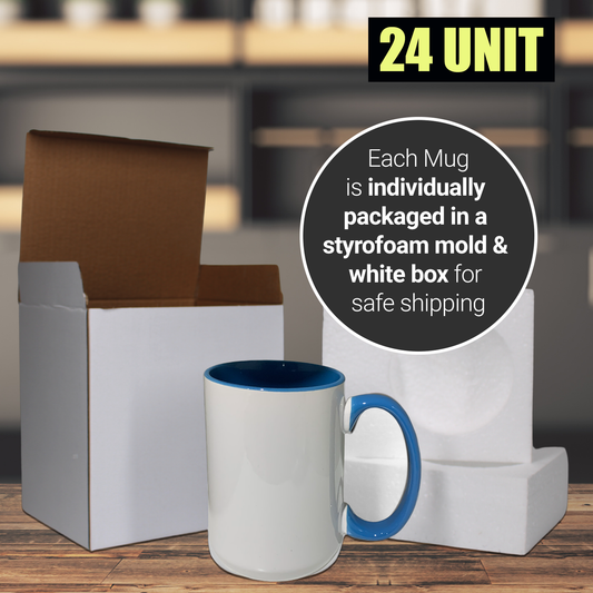 24 Pack-15 une fois tasses à sublimation blanches couleur intérieure BLEU et poignée avec emballage en boîte en mousse renforcée