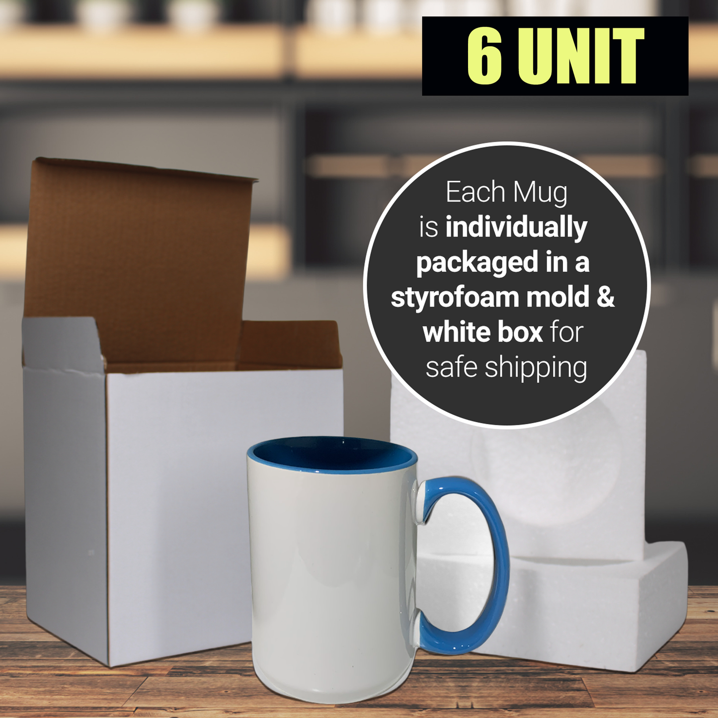 Paquet de 6-15 tasses à sublimation blanches, couleur intérieure BLEU et poignée avec emballage en boîte en mousse renforcée