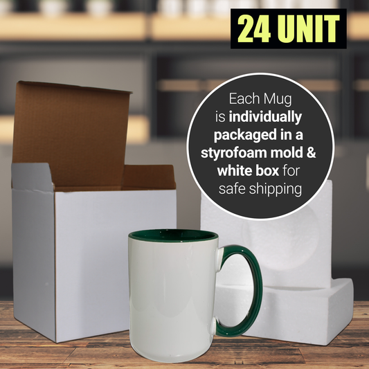 24 Pack-15 une fois tasses à sublimation blanches couleur intérieure VERT et poignée avec emballage en boîte en mousse renforcée