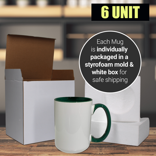 Paquet de 6-15 tasses à sublimation blanches, couleur intérieure VERTE et poignée avec emballage en boîte en mousse renforcée