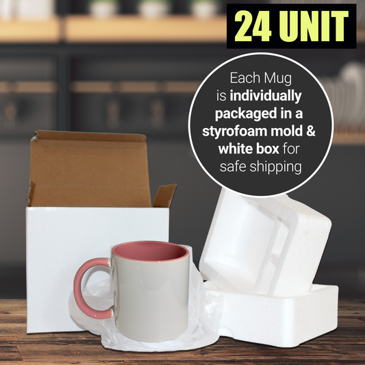 24 Pack-11 une fois tasses à sublimation blanches couleur intérieure ROSE et poignée avec emballage en boîte en mousse renforcée